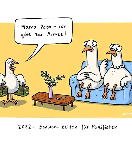 Lass mich in Frieden Karikatur: Eine Kriegstaube geht zur Armee