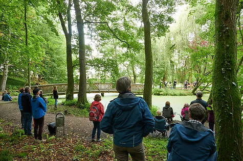 Schlossteich, am Ufer stehen einige Menschen und blicken zur Insel mit den Musikern. 