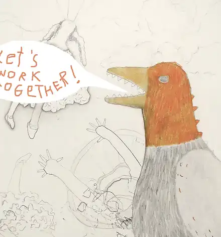 Workshop mit Susanne Mewing Ein gezeichneter Vogel mit einer Sprechblase: Let's Work Together!