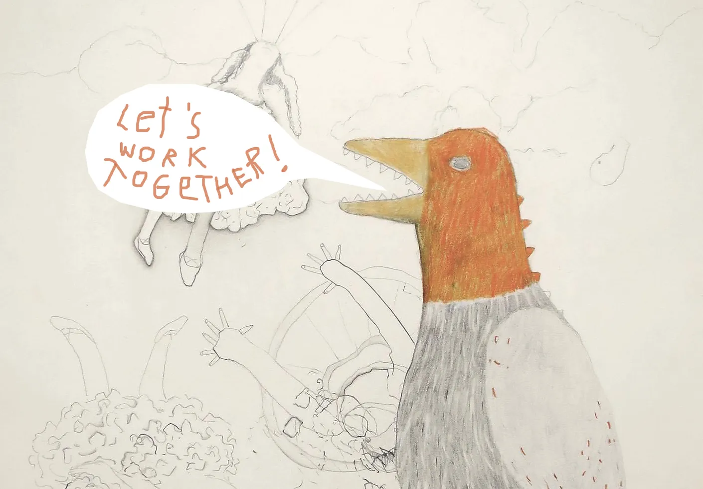 Ein gezeichneter Vogel mit einer Sprechblase: Let's Work Together!