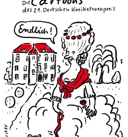 Karikatur: Eine barocke Dame mit Hündchen vor dem Schloss Agathenburg. Text: Ab dem 13. März im Schloss Agathenburg: Die Cartoons des 21. Deutschen Karikaturenpreis.