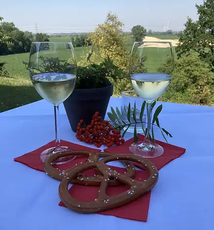 Oktoberabend mit Freunden im Schloss Zwei Weingläser, nett angerichtet vor einem Ausblick auf die Weite des Elbtals.