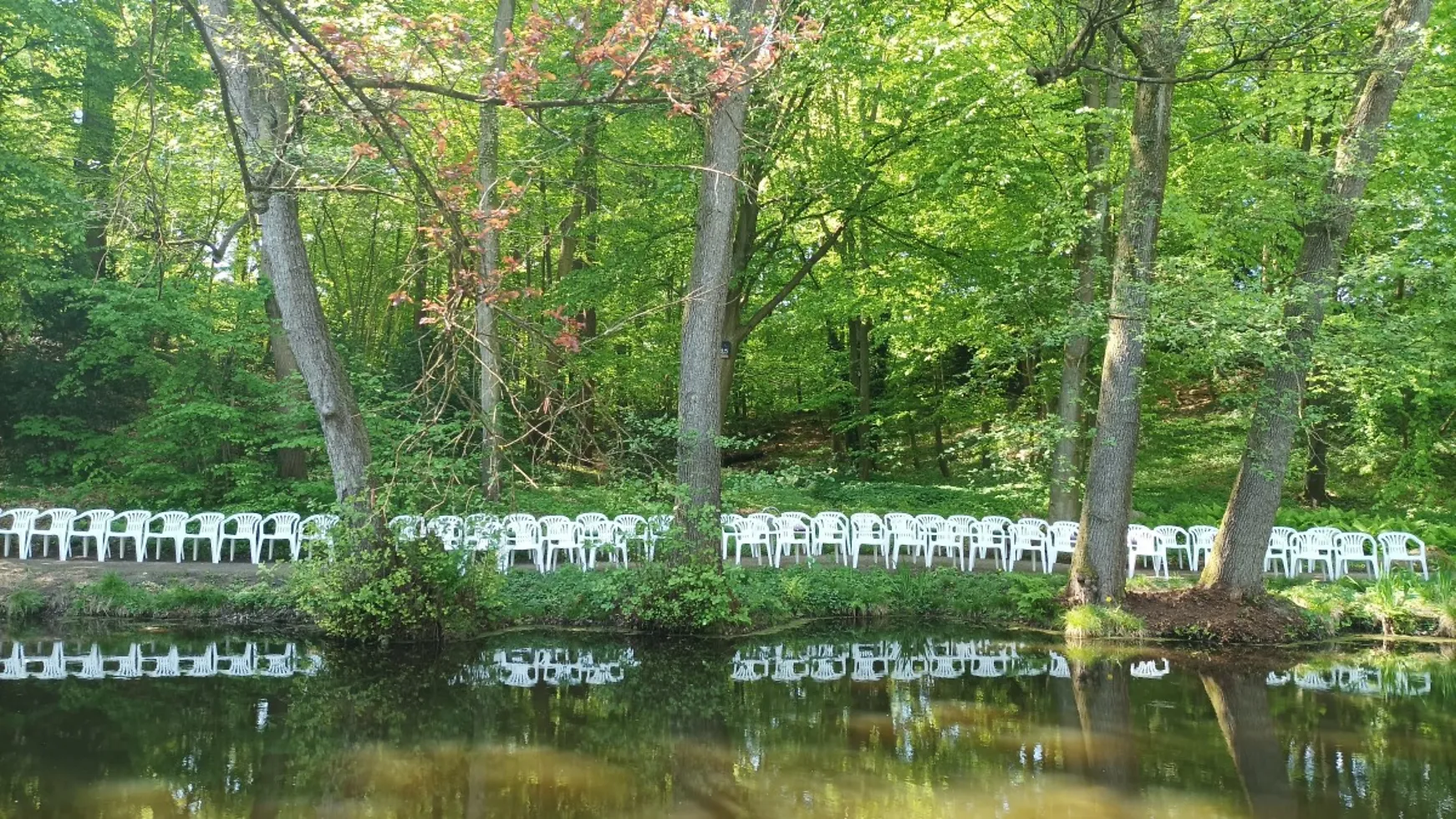 Stuhlreihen am Teichufer