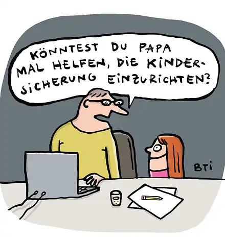 Jetzt seid ihr dran! Karikatur: Ein Vater fragt ein kleines Kind