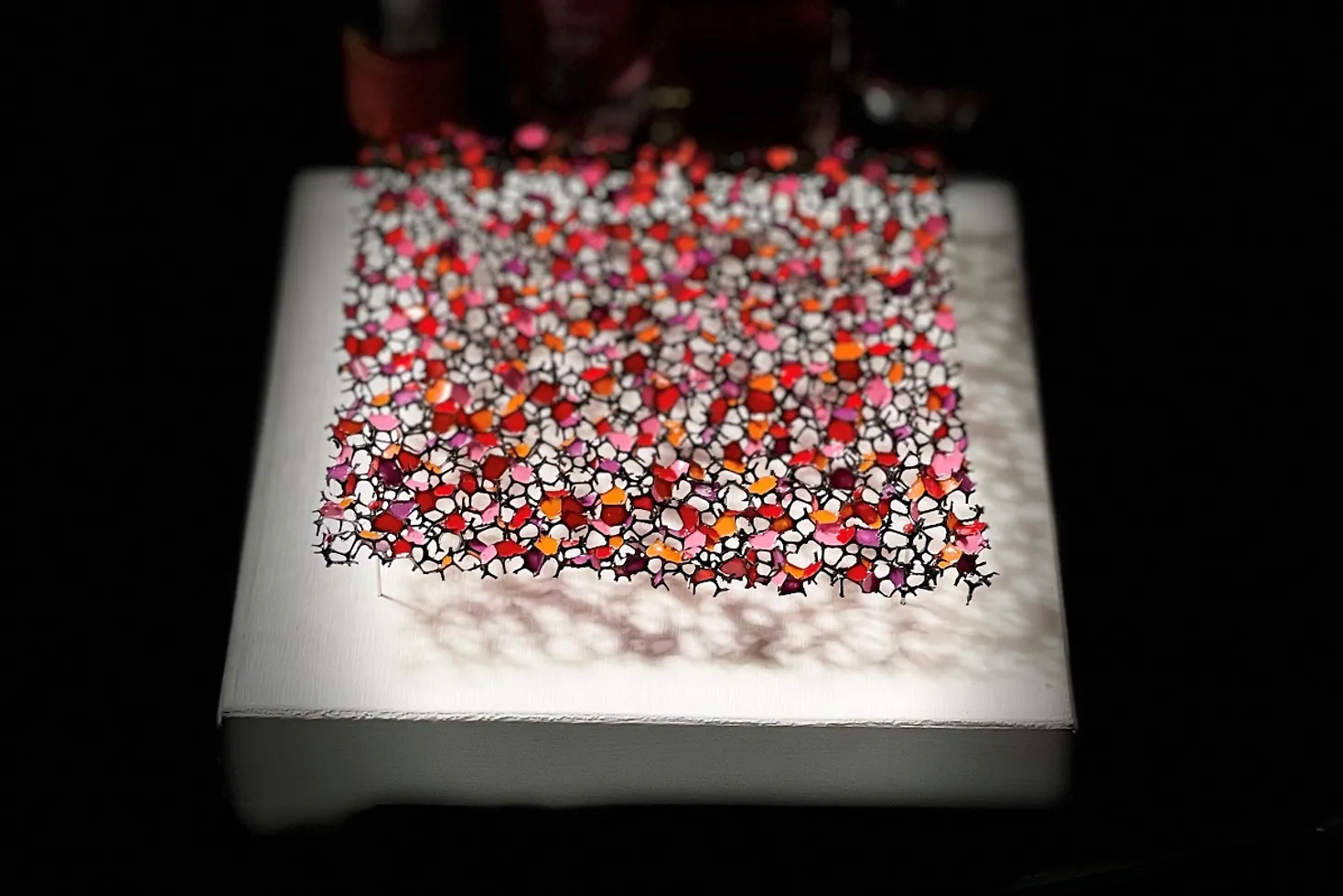 Kunstwerk aus Nagellack auf einem Drahtgeflecht.