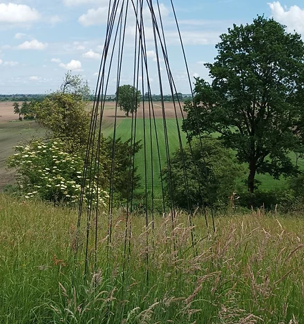 Skulptur aus Eisenstangen vor sommerlicher Wiese