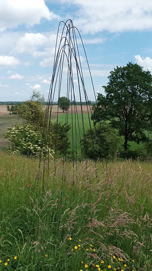 Skulptur aus Eisenstangen vor sommerlicher Wiese