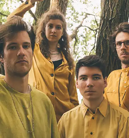 Gruppenbild des Quintetts, alle in Gelb gekleidet und zwischen Baumstämmen stehend.