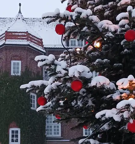 Lions Winterzauber Weihnachtsbaum vor verschneitem Schloss
