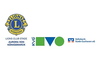 Logos: Lions Förderverein Stade e.V. Aurora von Königsmarck; KVG Stade GmbH, Volksbank Stade-Cuxhaven eG