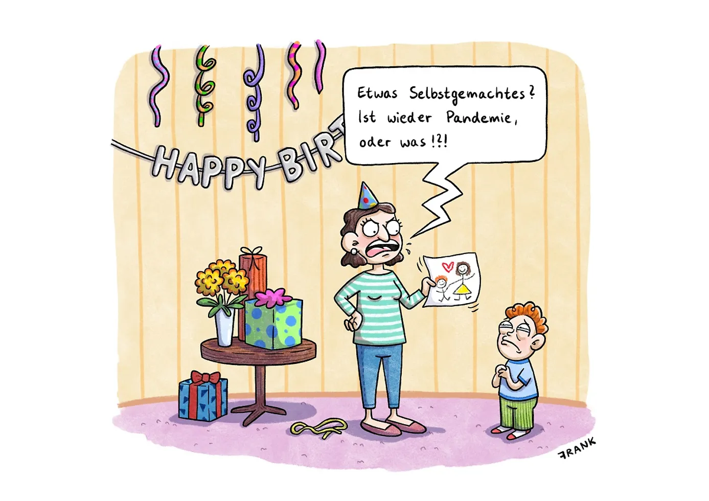 Karikatur: Eine Frau hält eine Kinderzeichnung in der Hand und spricht zu einem bedrückt aussehenden Kind. Im Hintergrund ist ein Banner mit dem Schriftzug 