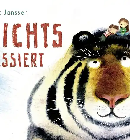 Bilderbuchcover mit zwei Kindern auf einem Tigerkopf