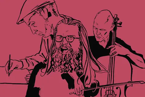 Der Schauspieler John Wesley Zielmann, Cellist Patrick Reerink und der Graphic Novel Künstler Reinhard Kleist, gezeichnet auf rotem Hintergrund. 