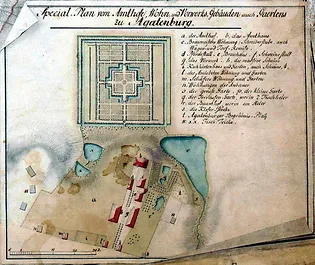 Die Schlossanlage mit dem Großen Barockgarten im Jahr 1776
