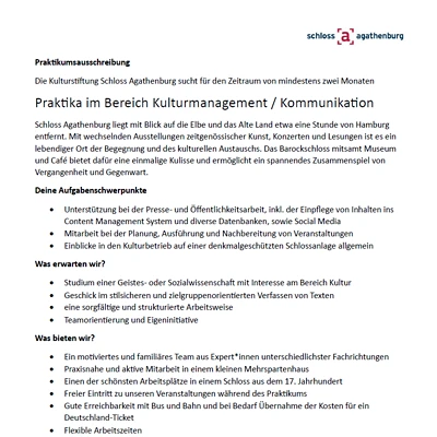 Praktika im Bereich Kulturmanagement / Kommunikation
