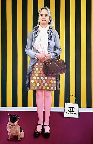 Lebensgroßes Porträt einer Frau in Öl. 